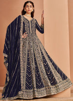 Tasteful Navy Blue Color Georgette Fabric Gown