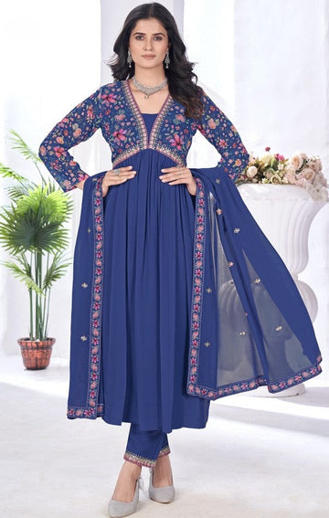 Divine Blue Color Georgette Fabric Designer Suit