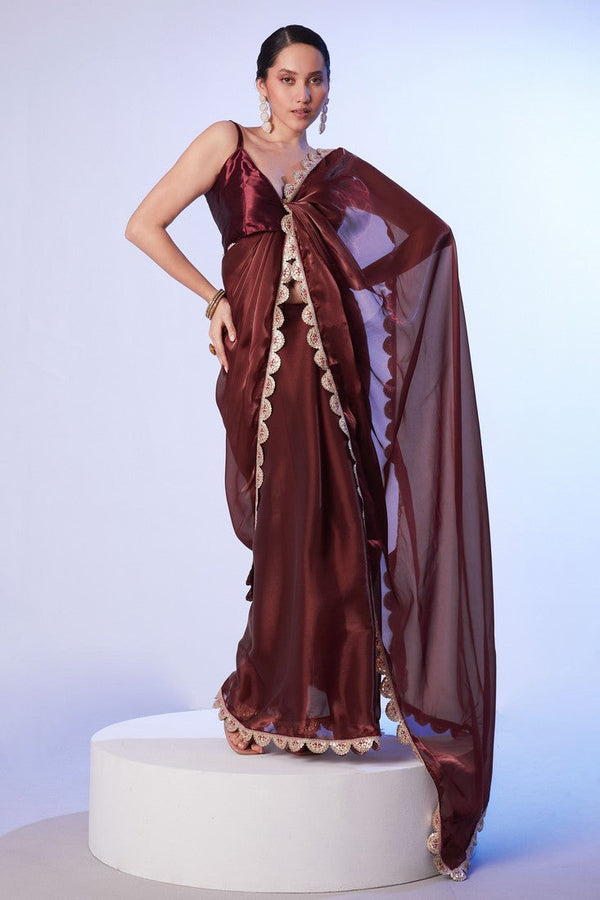 Ideal Brown Color Chinon Fabric Designer Saree