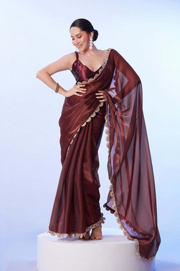 Ideal Brown Color Chinon Fabric Designer Saree