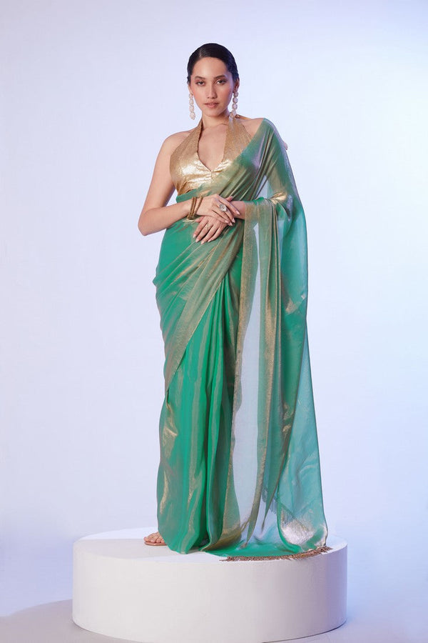 Ideal Green Color Chinon Fabric Designer Saree