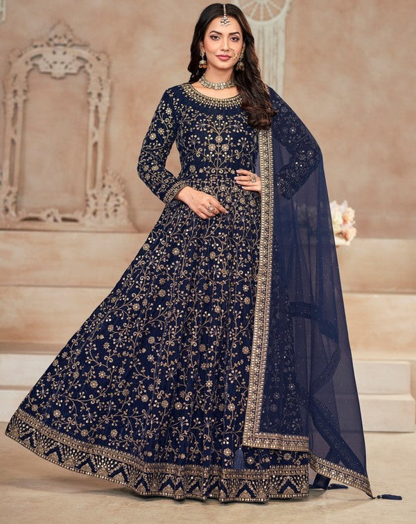 Tasteful Navy Blue Color Velvet Fabric Gown