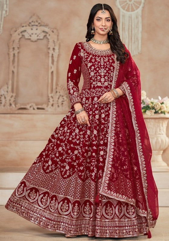 Tasteful Maroon Color Velvet Fabric Gown