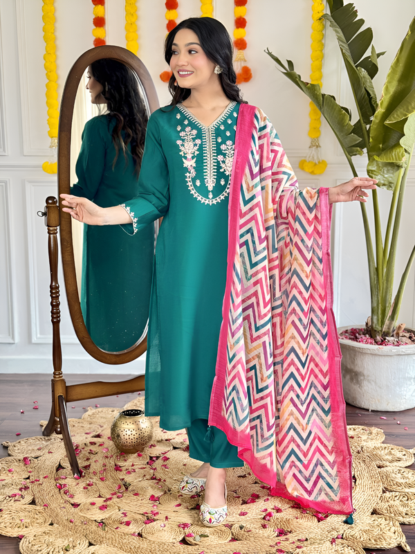 Amazing Turquoise Color Viscose Fabric Designer Suit