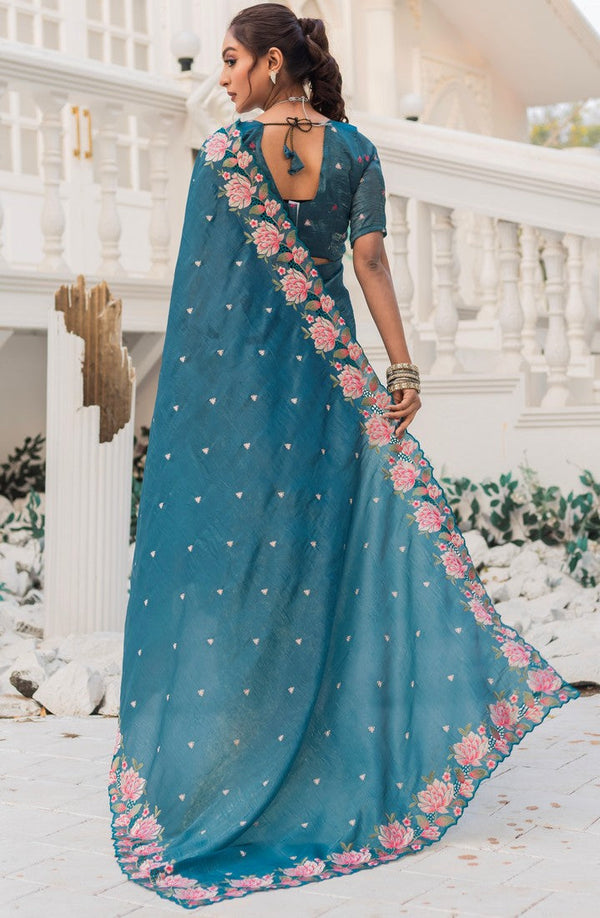 Ideal Teal Color Crush Fabric Designer Saree