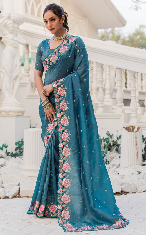 Ideal Teal Color Crush Fabric Designer Saree