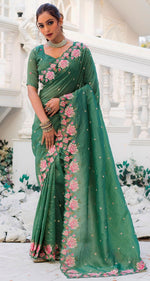 Ideal Green Color Crush Fabric Designer Saree