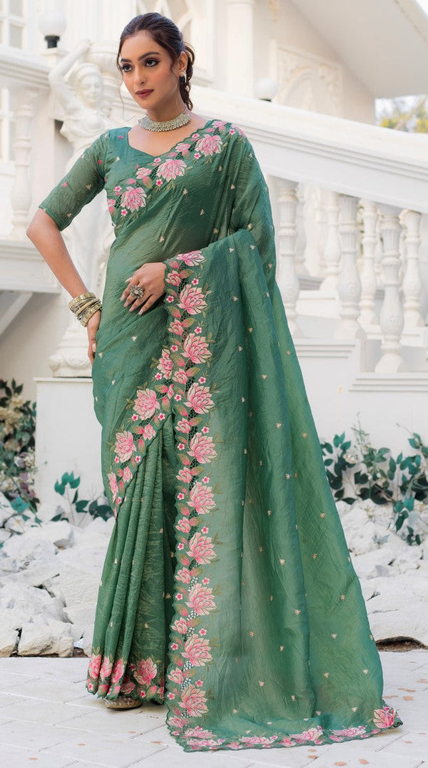 Ideal Green Color Crush Fabric Designer Saree