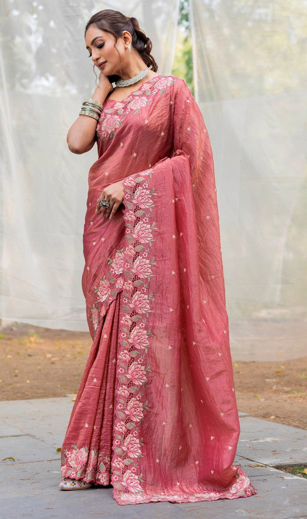 Ideal Peach Color Crush Fabric Designer Saree