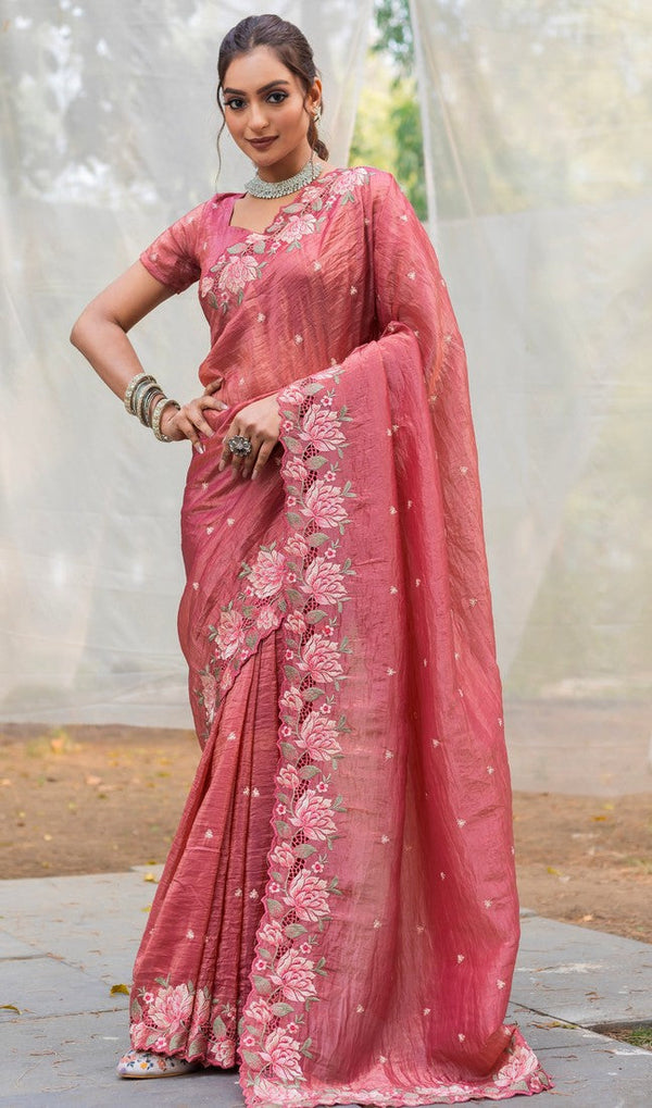 Ideal Peach Color Crush Fabric Designer Saree