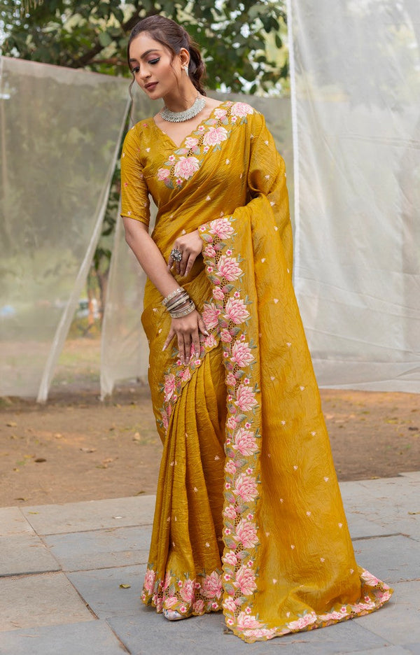 Ideal Yellow Color Crush Fabric Designer Saree