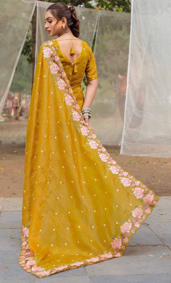 Ideal Yellow Color Crush Fabric Designer Saree