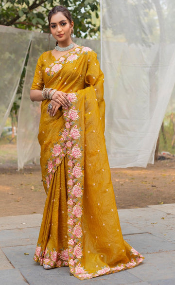 Ideal Yellow Color Crush Fabric Designer Saree