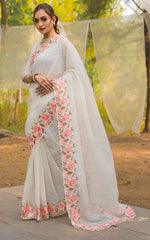 Ideal White Color Crush Fabric Designer Saree