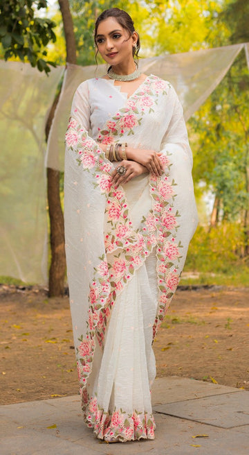 Ideal White Color Crush Fabric Designer Saree