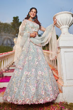 Dazzling Aqua Color Net Fabric Wedding Lehenga