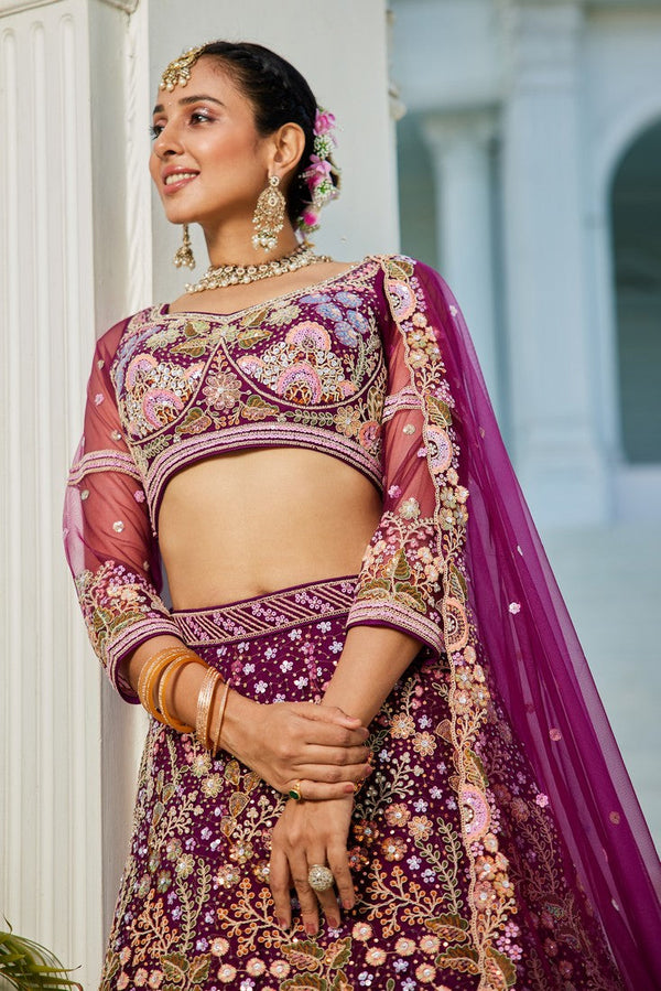 Dazzling Voilet Color Net Fabric Wedding Lehenga