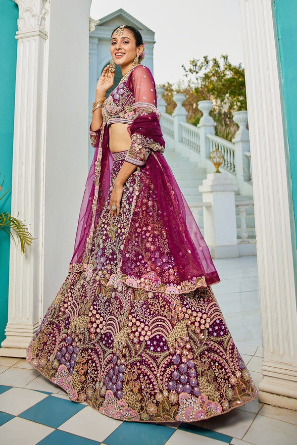 Dazzling Voilet Color Net Fabric Wedding Lehenga