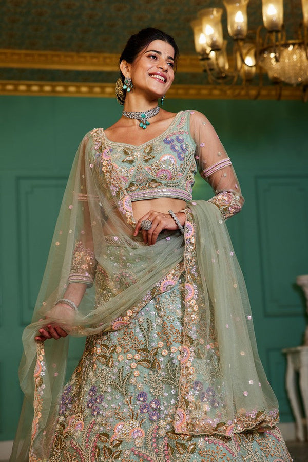 Dazzling Green Color Net Fabric Wedding Lehenga