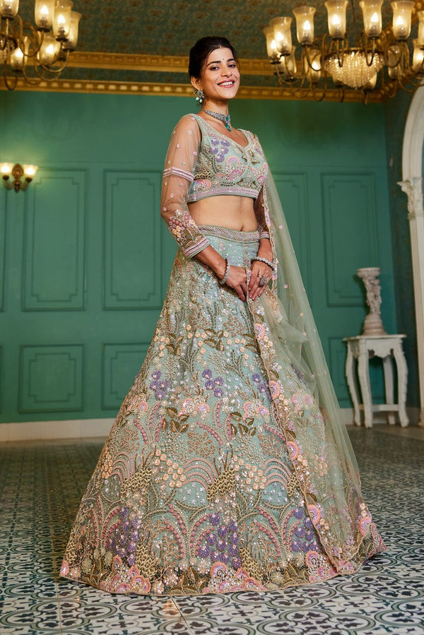 Dazzling Green Color Net Fabric Wedding Lehenga