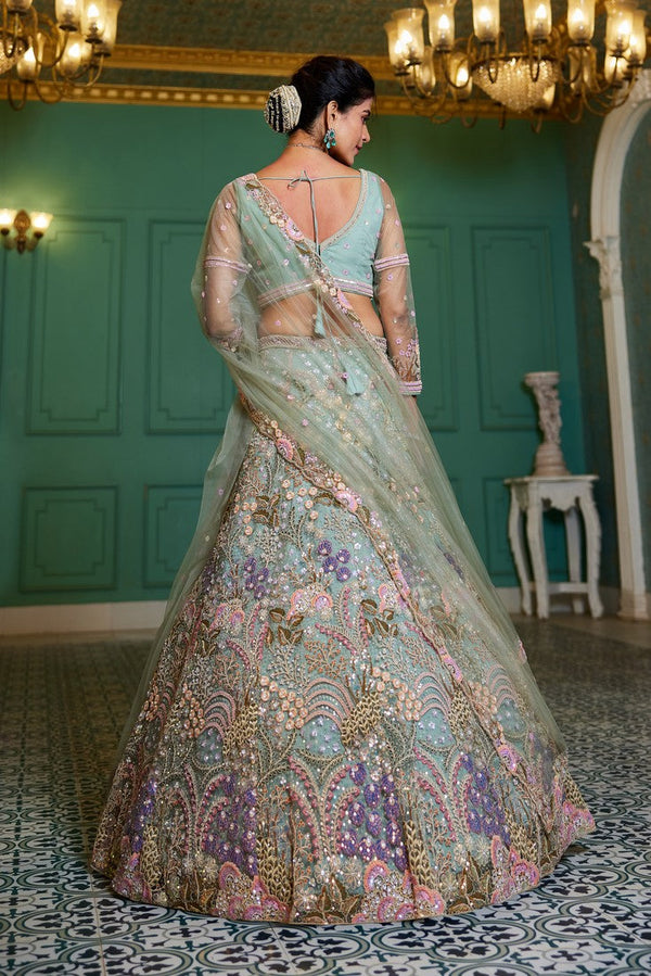 Dazzling Green Color Net Fabric Wedding Lehenga