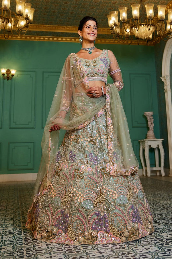 Dazzling Green Color Net Fabric Wedding Lehenga