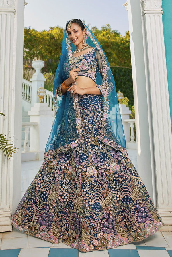 Dazzling Teal Color Net Fabric Wedding Lehenga