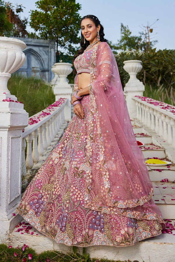 Dazzling Pink Color Net Fabric Wedding Lehenga