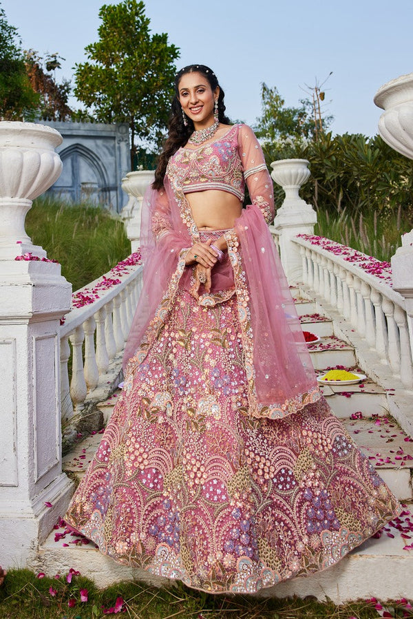 Dazzling Pink Color Net Fabric Wedding Lehenga