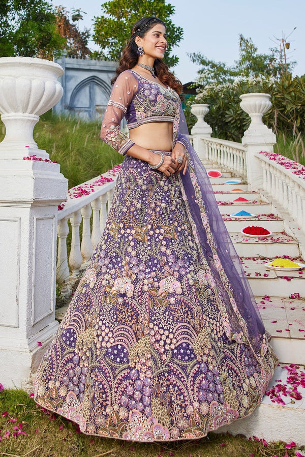 Dazzling Purple Color Net Fabric Wedding Lehenga