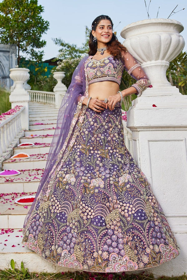 Dazzling Purple Color Net Fabric Wedding Lehenga