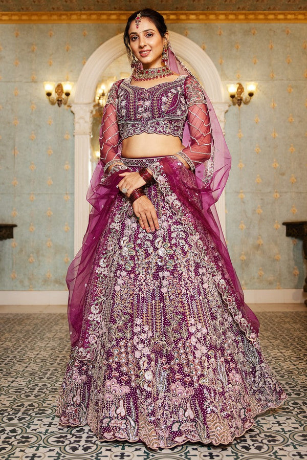 Dazzling Wine Color Net Fabric Wedding Lehenga