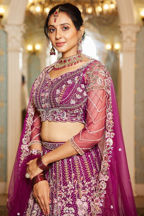 Dazzling Wine Color Net Fabric Wedding Lehenga