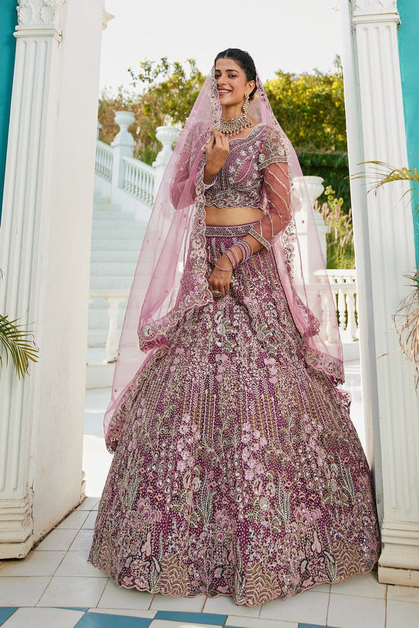 Dazzling Purple Color Net Fabric Wedding Lehenga