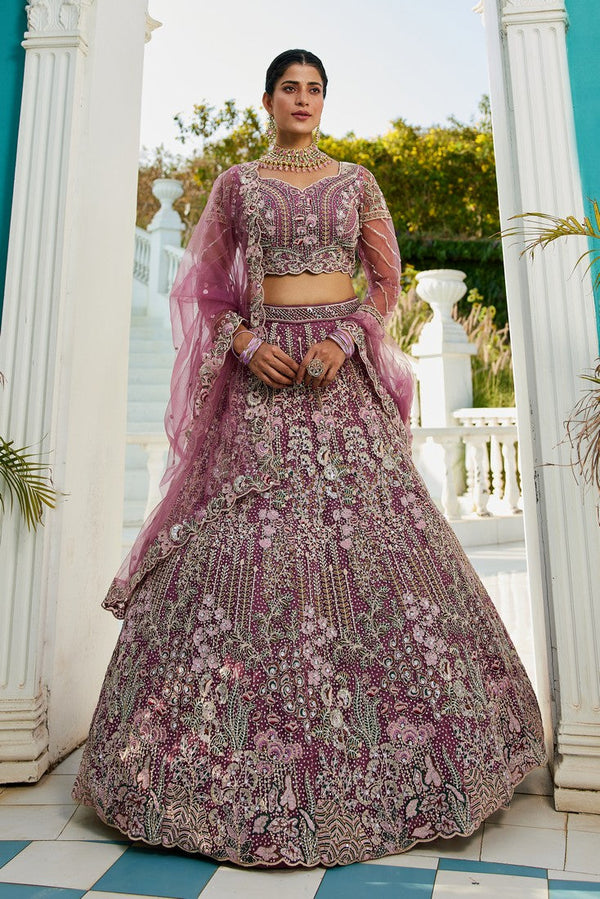 Dazzling Purple Color Net Fabric Wedding Lehenga