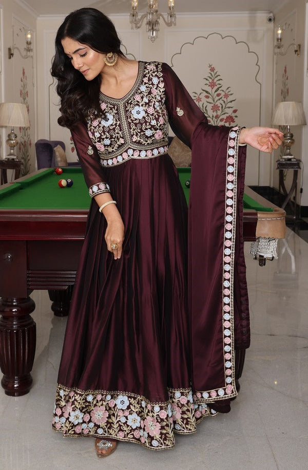 Dazzling Brown Color Silk Fabric Designer Suit