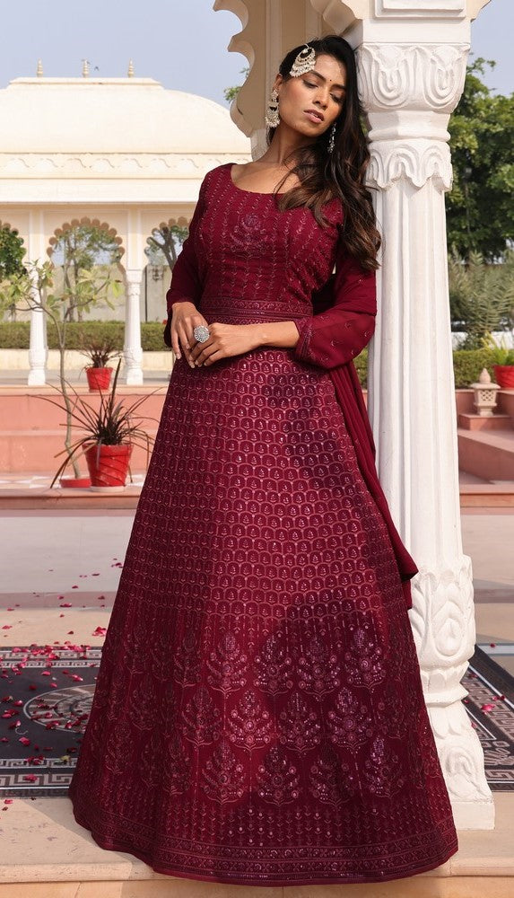 Dazzling Maroon Color Georgette Fabric Designer Suit