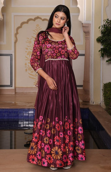 Dazzling Maroon Color Silk Fabric Designer Suit