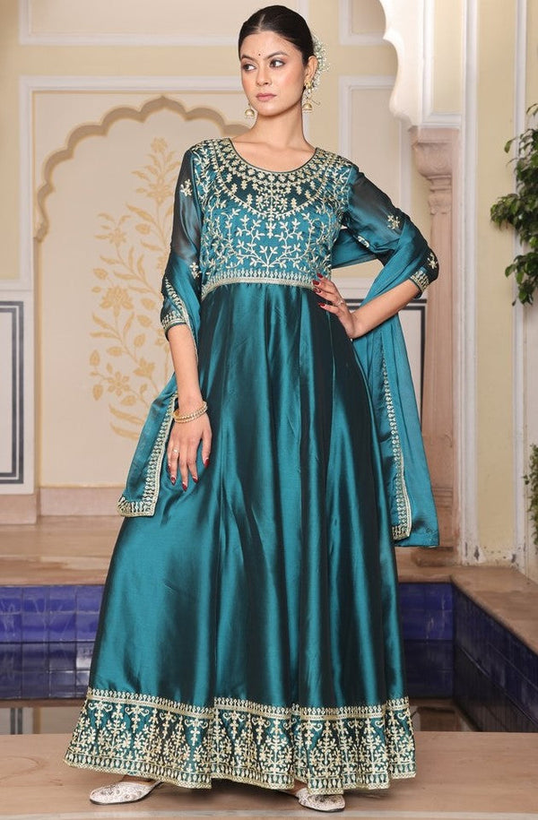 Dazzling Blue Color Silk Fabric Designer Suit