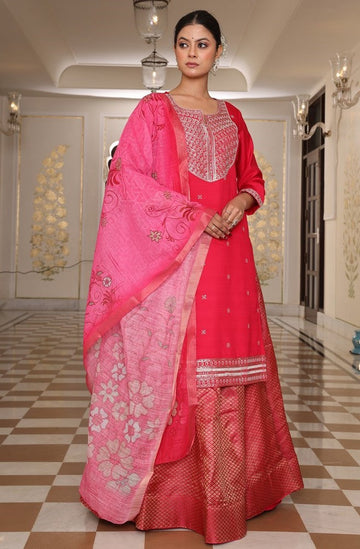 Dazzling Coral Color Silk Fabric Designer Suit