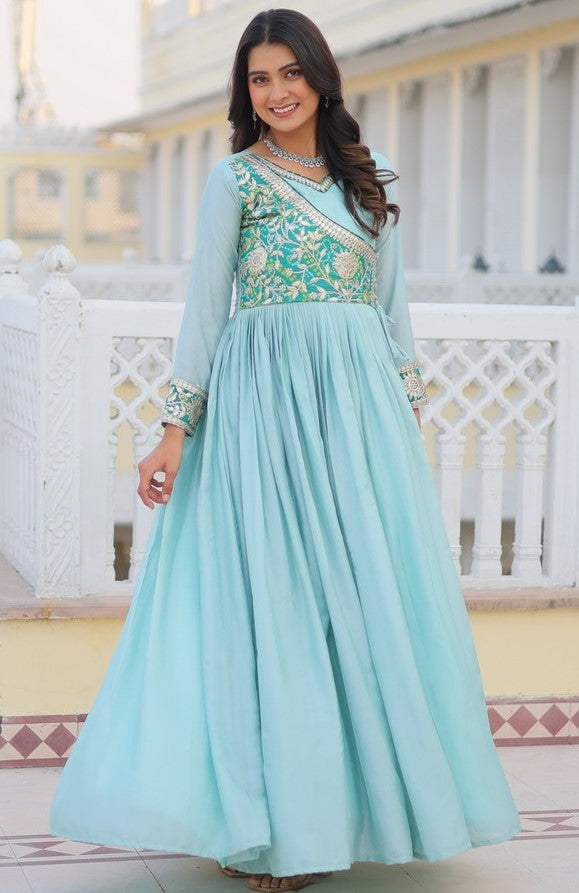 Striking Aqua Color Chinon Fabric Gown