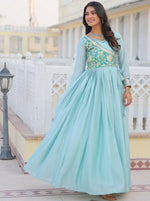 Striking Aqua Color Chinon Fabric Gown