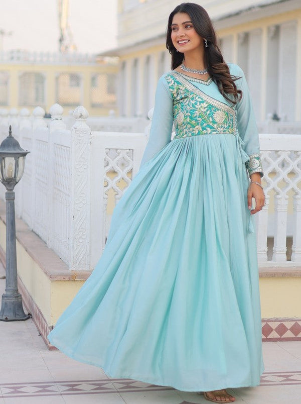 Striking Aqua Color Chinon Fabric Gown