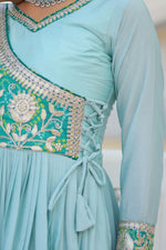 Striking Aqua Color Chinon Fabric Gown