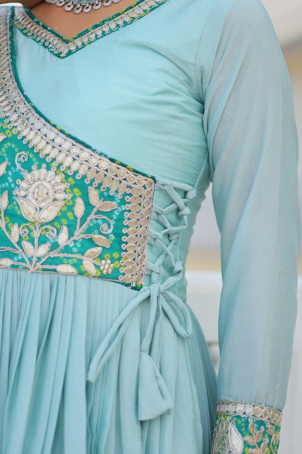 Striking Aqua Color Chinon Fabric Gown