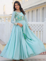 Striking Aqua Color Chinon Fabric Gown