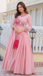 Striking Pink Color Chinon Fabric Gown