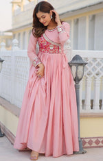 Striking Pink Color Chinon Fabric Gown