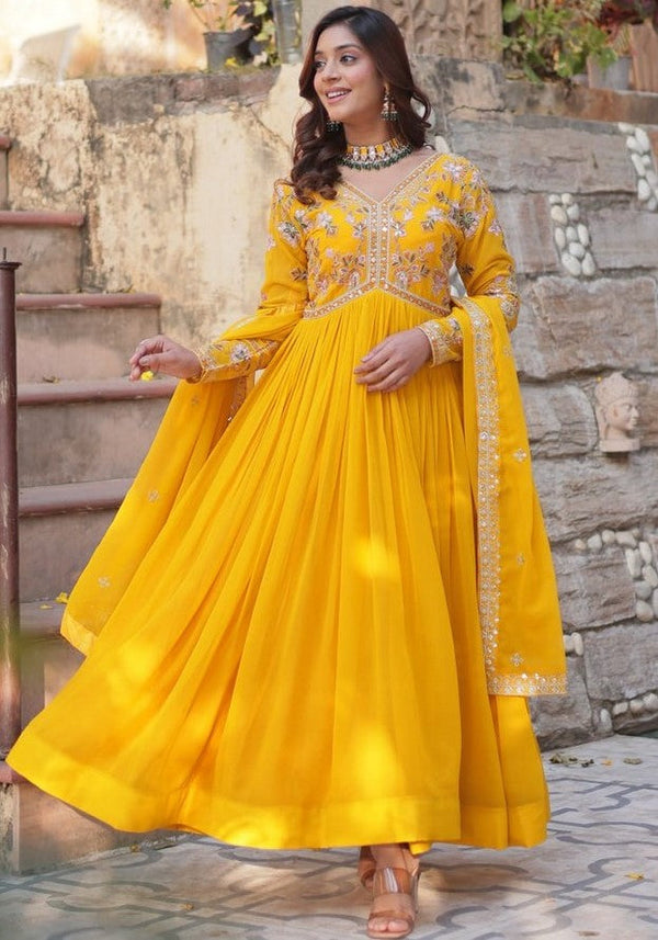 Striking Yellow Color Blooming Fabric Gown