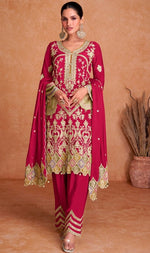 Tasteful Red Color Chinon Fabric Partywear Suit